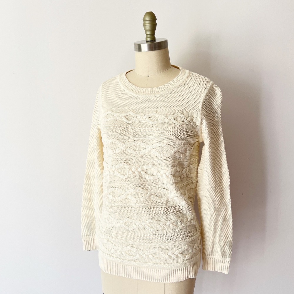 Talbots Cable Knit Sweater Cream Button Cuff‎ Cotton Pullover MP